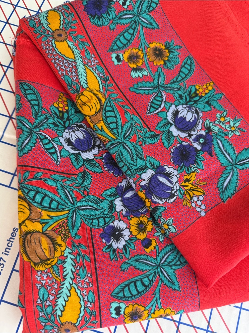 Vintage 1970s Rayon-Like Floral Panel Fabric 3.5 Yds Red Boho 4 Panels